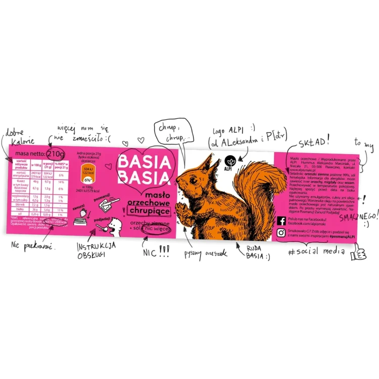 Masło orzechowe chrupiące - Alpi - Basia Basia, 210g - etykieta