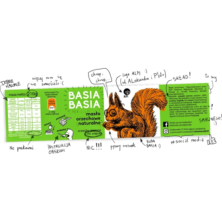 Masło orzechowe naturalne gładkie - Alpi - Basia Basia, 210g - etykieta