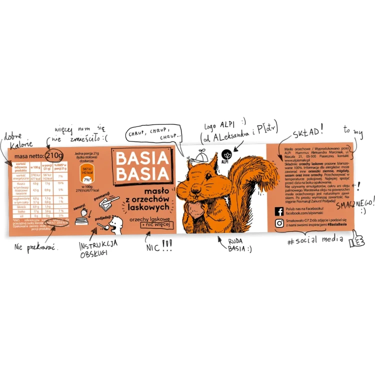 Masło z orzechów laskowych - Alpi - Basia Basia, 210g - etykieta