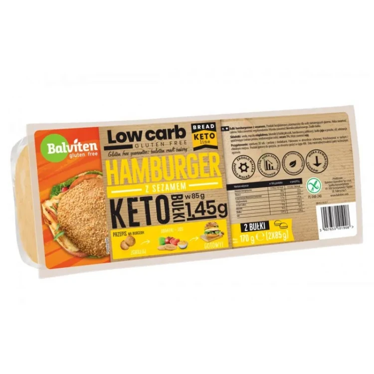 KETO Bułki hamburgerowe z sezamem, bezglutenowe - Balviten, 2x85g - przód