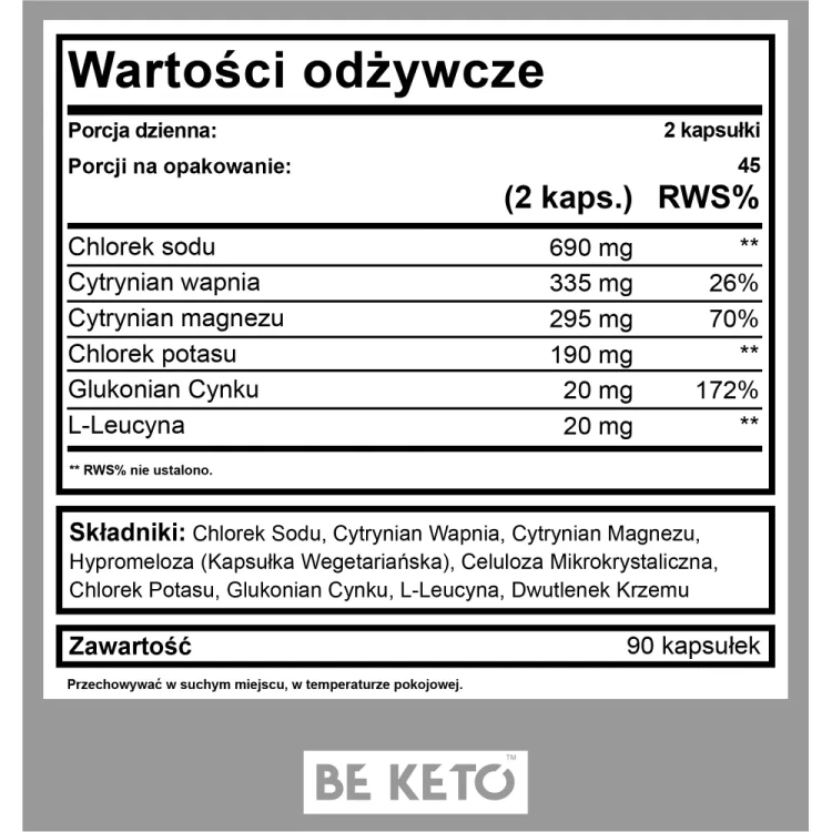 Keto elektrolity - Ketolytes - BeKeto, 90 kapsułek - etykieta
