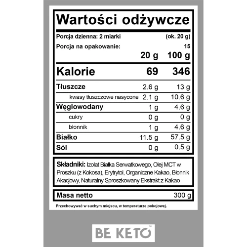 Keto izolat białka z olejem MCT naturalna czekolada - Keto Whey Isolate Natural Chocolate - BeKeto, 300g - etykieta