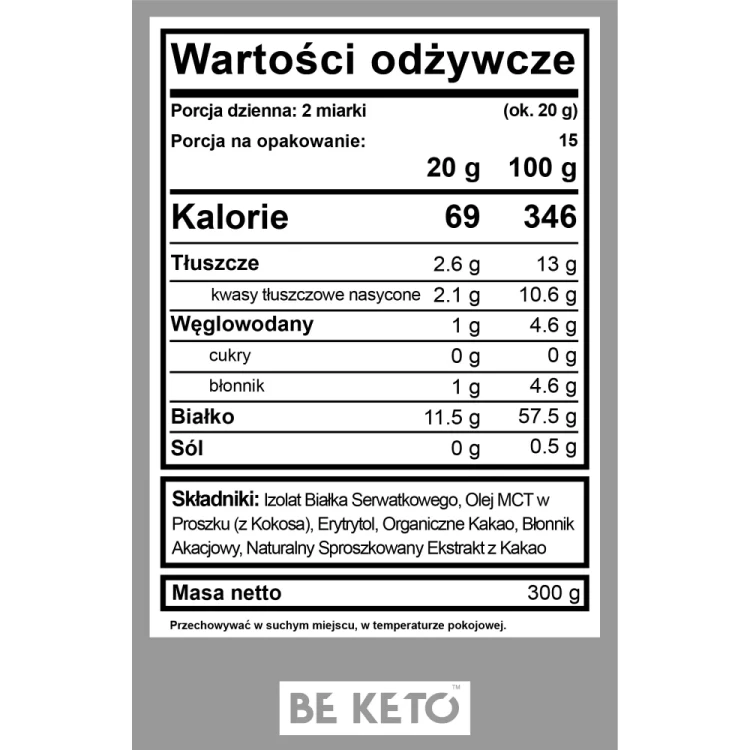 Keto izolat białka z olejem MCT naturalna czekolada - Keto Whey Isolate Natural Chocolate - BeKeto, 300g - etykieta