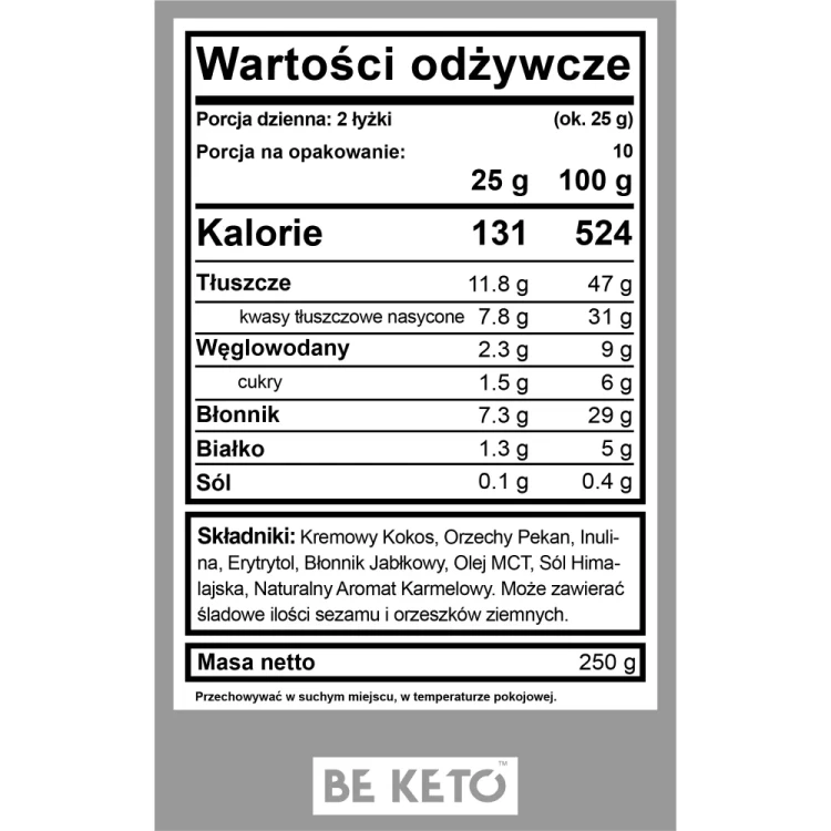 Keto krem pekan i słony karmel z olejem MCT - Keto Cream Pecan &amp; Salted Caramel - BeKeto - 250g - etykieta
