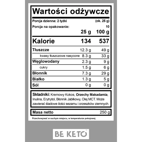 Keto krem z orzechów makadamia - królowa makadamia z olejem MCT - Keto Cream Queen Macadamia - BeKeto - 250g - etykieta