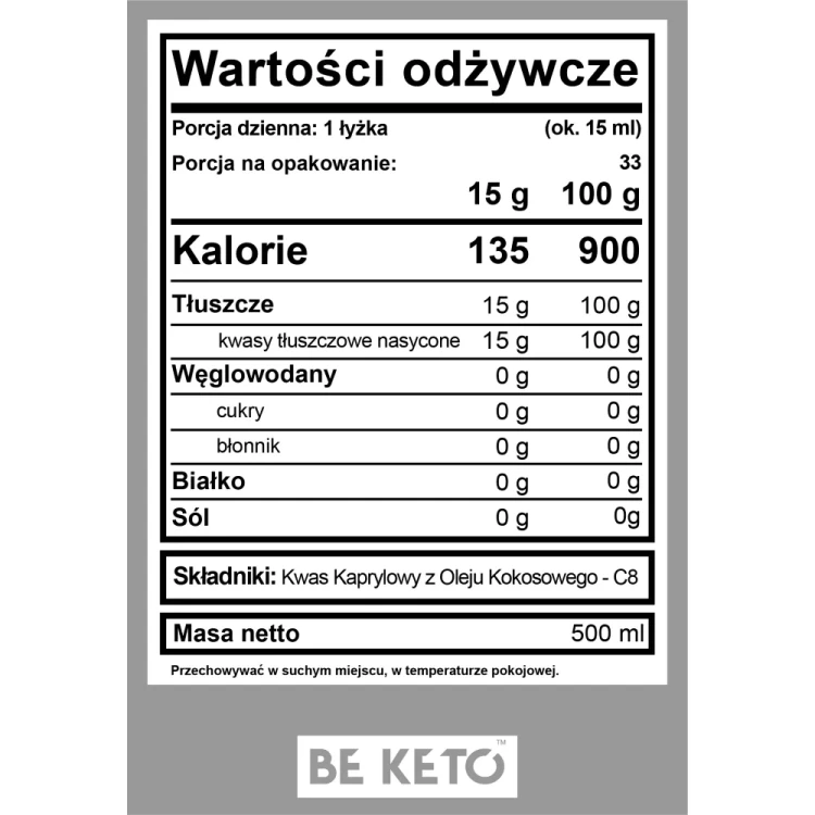 Olej MCT 100 % C8 - MCT Oil Pure C8 - BeKeto, 500ml - etykieta