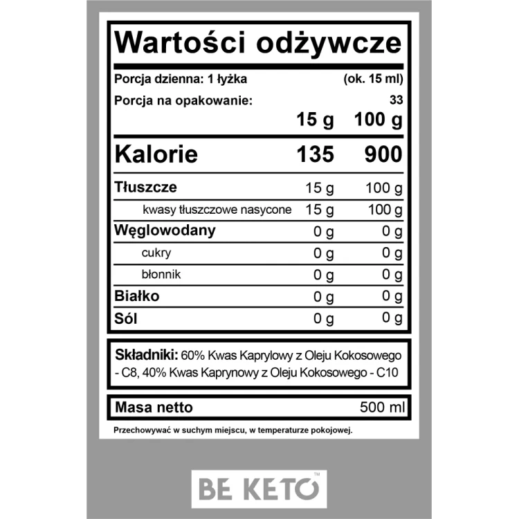 Olej MCT C8 + C10 - MCT Oil - BeKeto, 500ml - etykieta