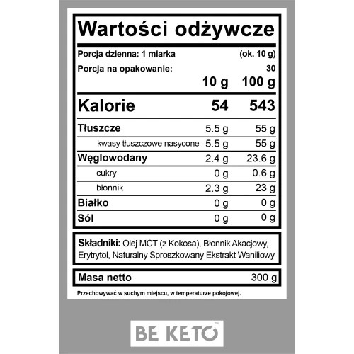 Olej MCT w proszku francuska wanilia - MCT Oil Powder French Vanilla - BeKeto, 300g - etykieta