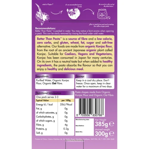 Makaron konjac Angel Hair - BIO - Better than Foods, 385g - etykieta
