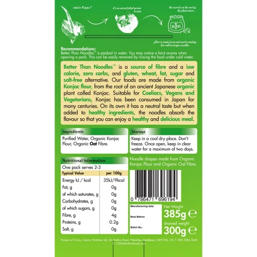 Makaron konjac Noodles - BIO - Better than Foods, 385g - etykieta