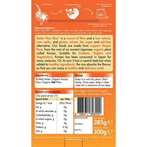 Makaron konjac Rice w kształcie ryżu - BIO - Better than Foods, 385g - etykieta