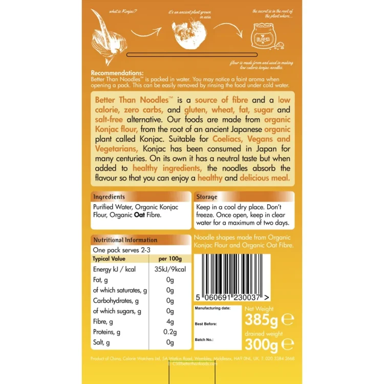 Makaron konjac Thai Style - BIO - Better than Foods, 385g - etykieta