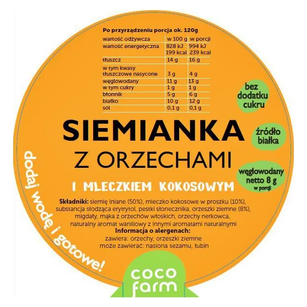 Siemianka z orzechami i mleczkiem kokosowym - Coco Farm, 50g - etykieta