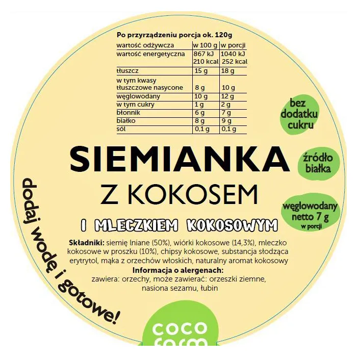Siemianka z kokosem i mleczkiem kokosowym - Coco Farm, 50g - etykieta