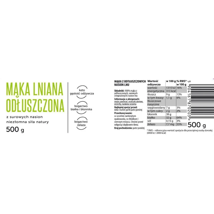 Mąka lniana - Coco Farm, 500g - etykieta