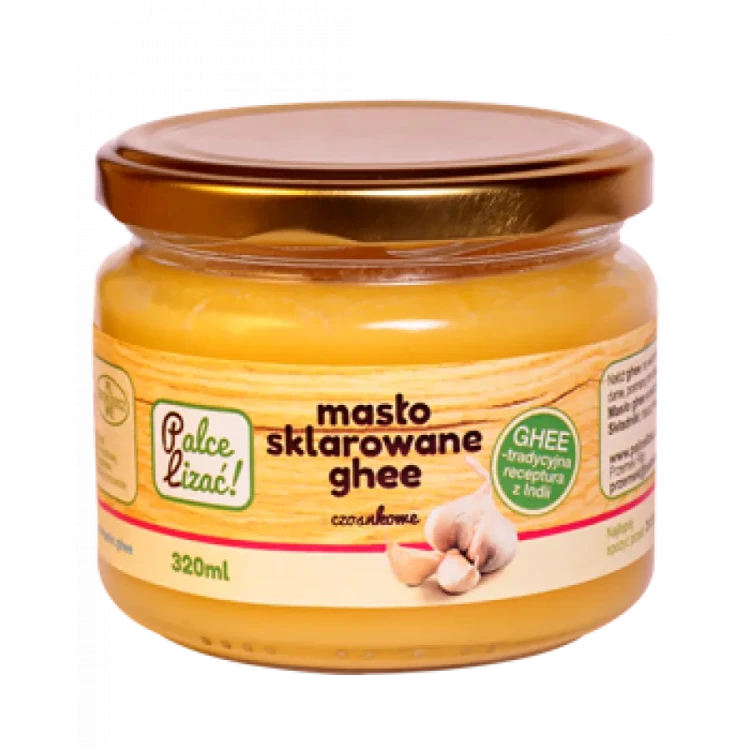Masło sklarowane Ghee czosnkowe - Palce Lizać, 320ml - przód