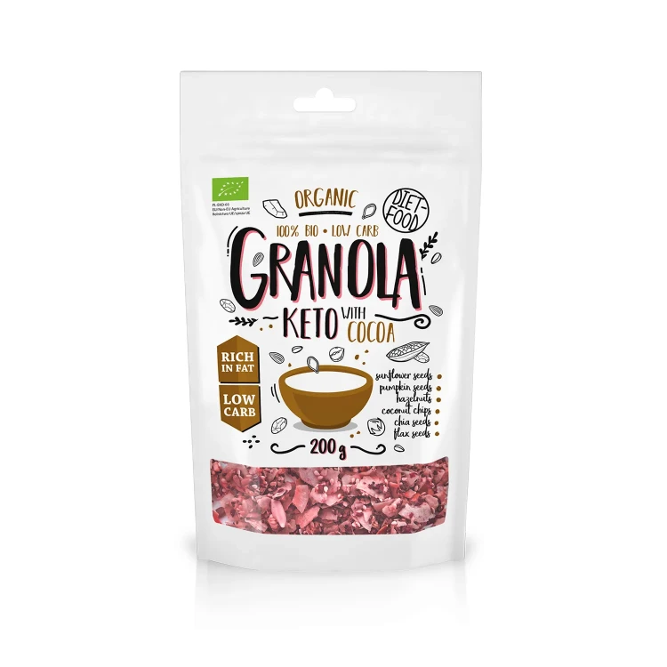 Keto granola z kakao - BIO - Diet Food, 200g - przód