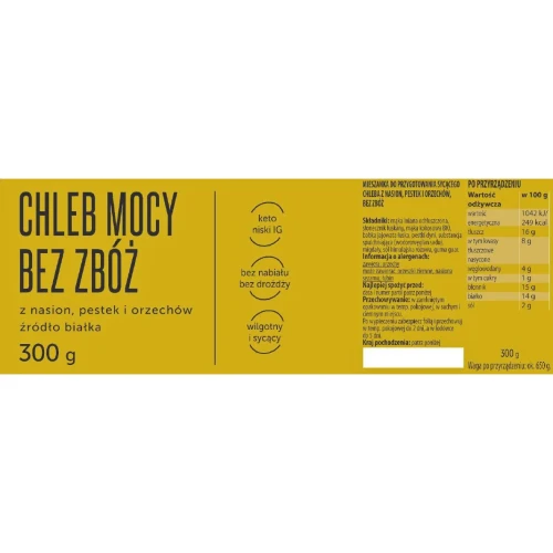 Chleb Mocy bez zbóż - mieszanka do wypieku keto chleba - Coco Farm, 300g - etykieta