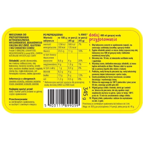 Chleb zmieniający życie - mieszanka do wypieku keto chleba - Coco Farm, 345g - etykieta