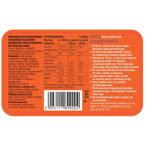 Wege racuchy - bezglutenowa mieszanka do przygotowania keto racuchów - Coco Farm, 345g - etykieta