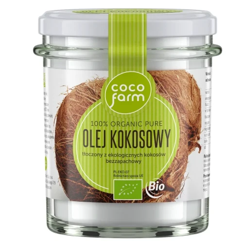 Olej kokosowy pure tłoczony na zimno, lekko rafinowany - BIO - Coco Farm, 260ml -przód