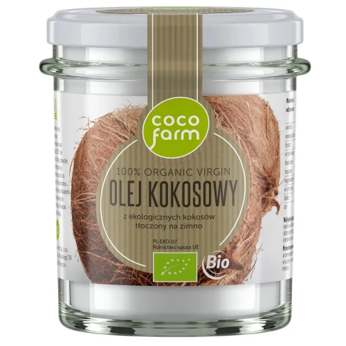 Olej kokosowy virgin tłoczony na zimno, nierafinowany - BIO - Coco Farm, 260ml - przód