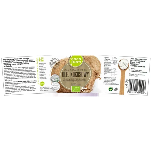 Olej kokosowy virgin tłoczony na zimno, nierafinowany - BIO - Coco Farm, 260ml - etykieta