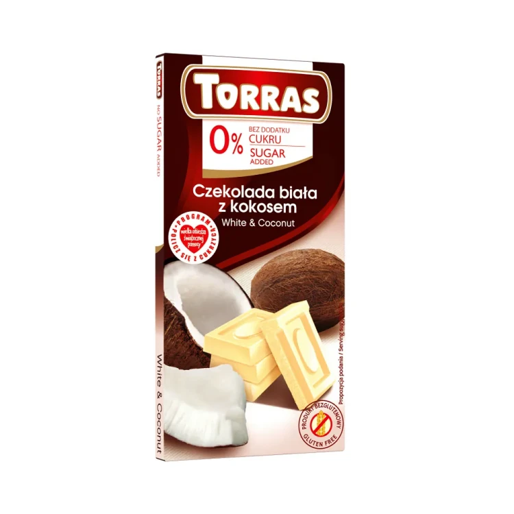 Biała czekolada z kokosem bez dodatku cukru - Torras, 75g - przód