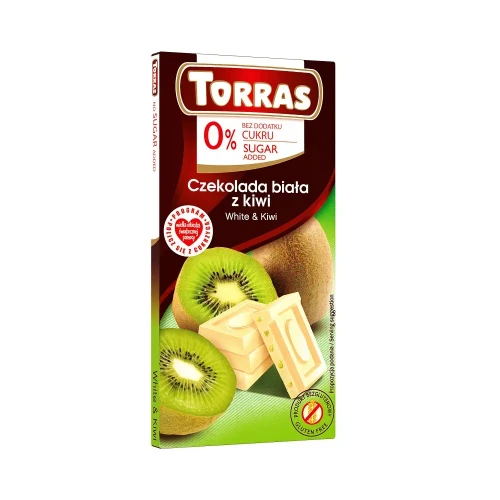Biała czekolada z kiwi bez dodatku cukru - Torras, 75g - przód