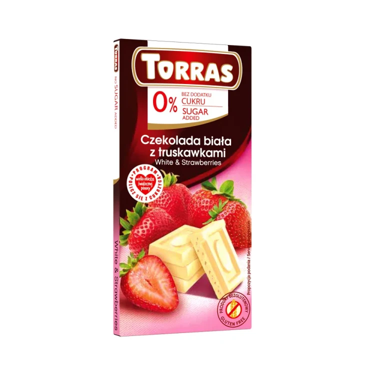 Biała czekolada z truskawkami bez dodatku cukru - Torras, 75g - przód