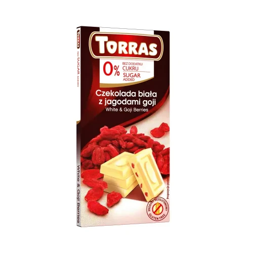 Biała czekolada z jagodami goji bez dodatku cukru - Torras, 75g - przód