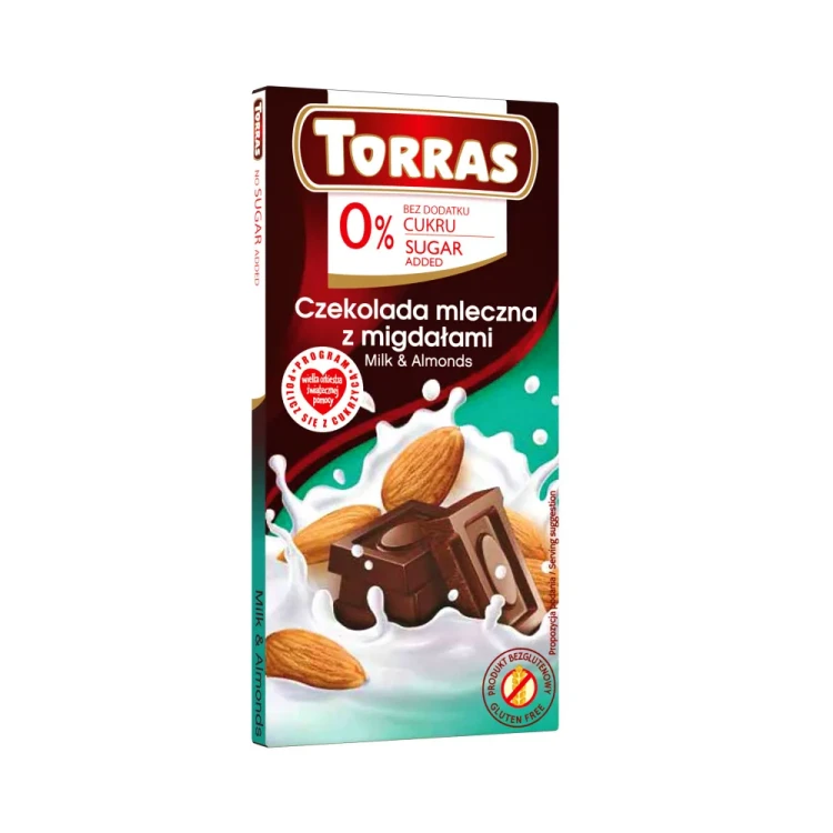 Mleczna czekolada z migdałami bez dodatku cukru - Torras, 75g - przód