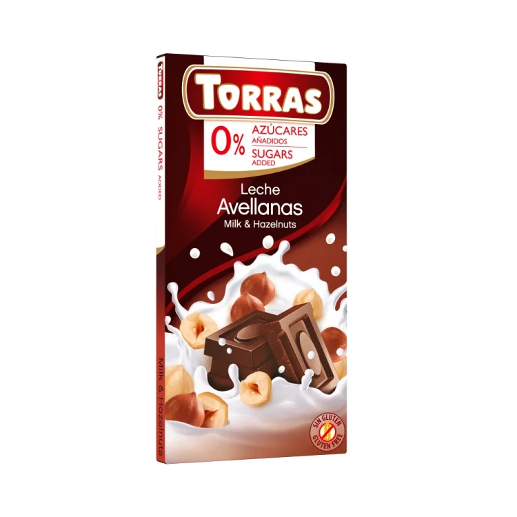 Mleczna czekolada z orzechami laskowymi bez dodatku cukru - Torras, 75g - przód