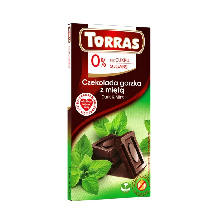 Gorzka czekolada z miętą bez dodatku cukru - Torras, 75g - przód