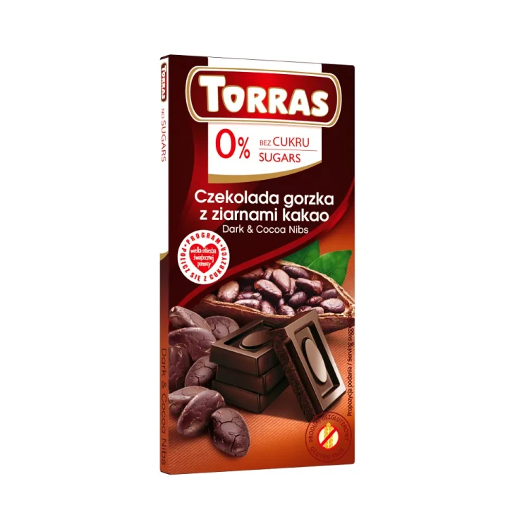 Gorzka czekolada z ziarnami kakao bez dodatku cukru - Torras, 75g - przód