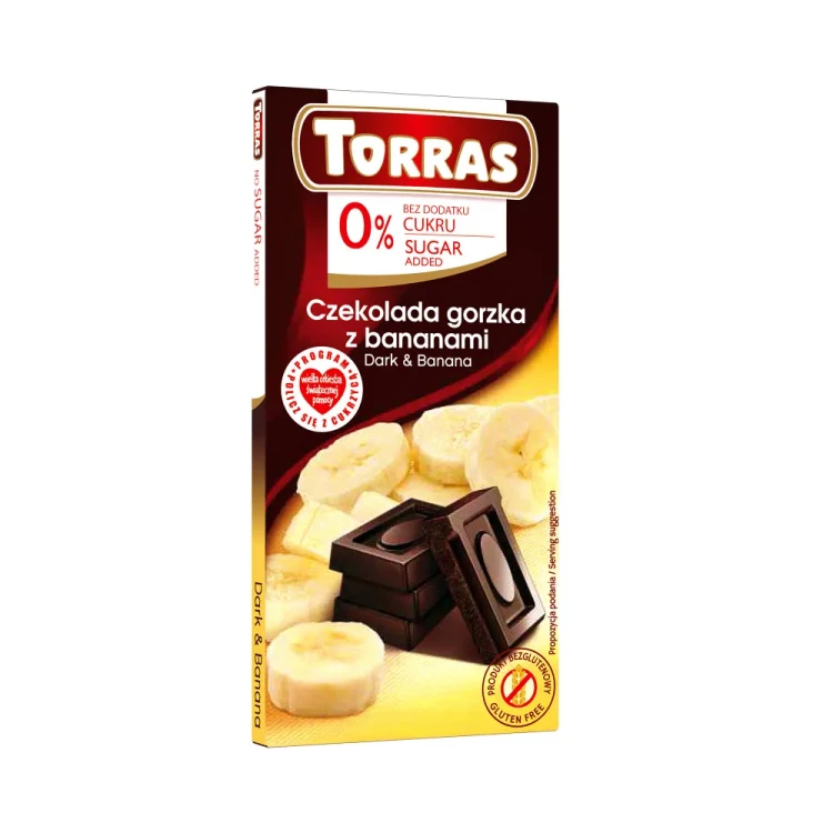 Gorzka czekolada z bananami bez dodatku cukru - Torras, 75g - przód