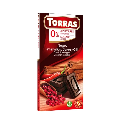 Gorzka czekolada z pieprzem, cynamonem i chili bez dodatku cukru - Torras, 75g - przód