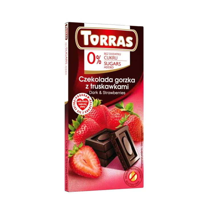 Gorzka czekolada z truskawkami bez dodatku cukru - Torras, 75g - przód