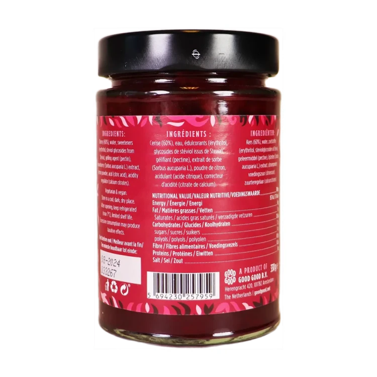 Dżem wiśniowy bez dodatku cukru - Cherry Jam - Keto Friendly - Good Good, 330g - etykieta