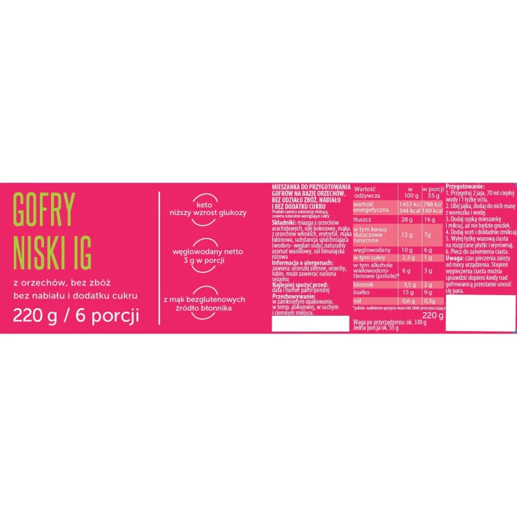 Mieszanka na keto gofry o niskim IG, bez zbóż - Coco Farm, 220g - etykieta