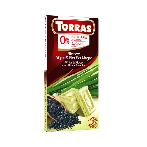 Biała czekolada z algami i czarną solą morską bez dodatku cukru - Torras, 75g - przód