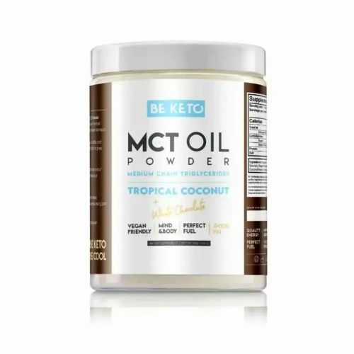 Olej MCT w proszku kokos i biała czekolada - MCT Oil Powder Tropical Coconut + White Chocolate - BeKeto, 300g - przód