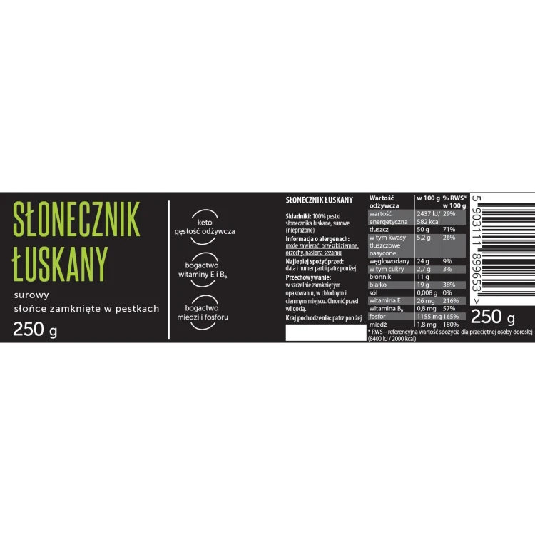 Słonecznik łuskany - Coco Farm, 250g - etykieta