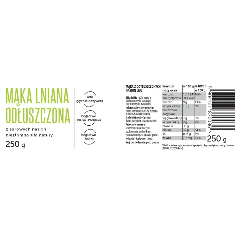 Mąka lniana - Coco Farm, 250g - etykieta