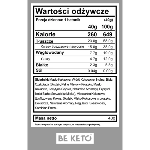 Keto baton - kokos i biała czekolada - Tropical Coconut + White Chocolate - BeKeto, 40g - etykieta