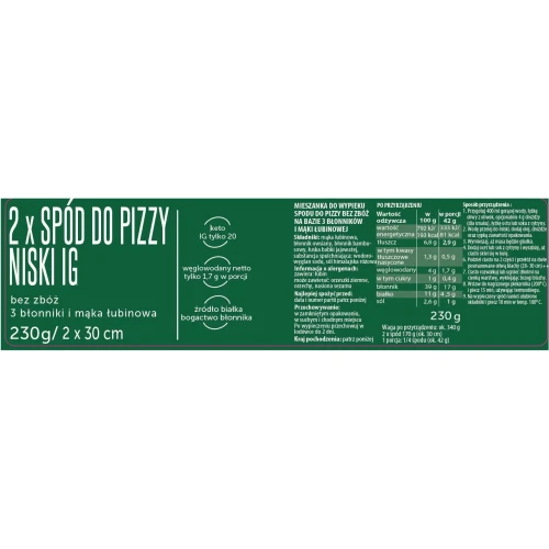 Mieszanka do wypieku spodów do pizzy o niskim IG, bez zbóż - Coco Farm, 230g - etykieta