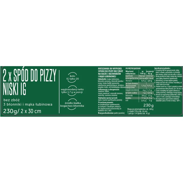 Mieszanka do wypieku spodów do pizzy o niskim IG, bez zbóż - Coco Farm, 230g - etykieta