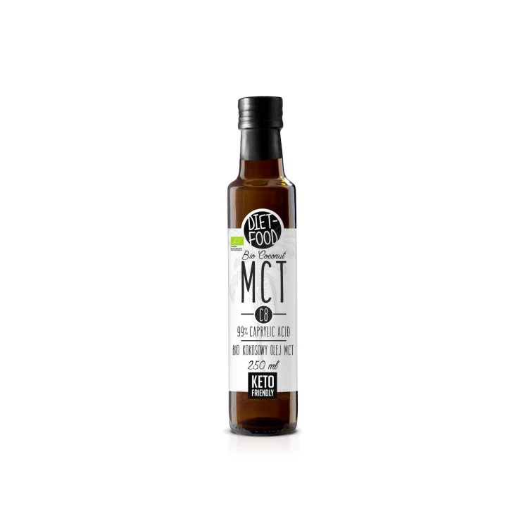 Olej kokosowy MCT C8 w szklanej butelce - BIO - Diet Food, 250ml - przód