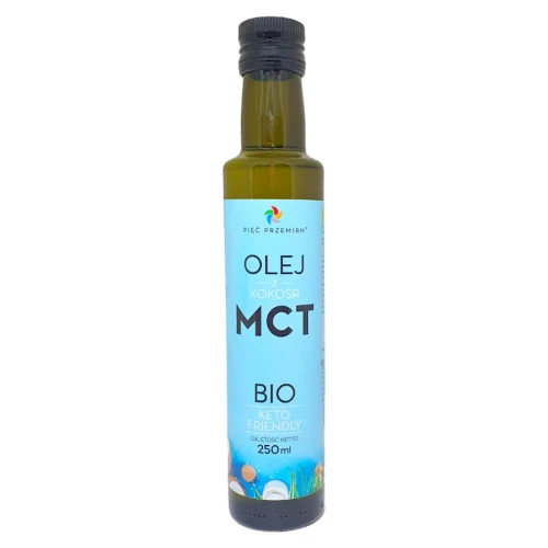 Olej MCT z kokosa w szklanej butelce - BIO - Pięć Przemian, 250ml - przód
