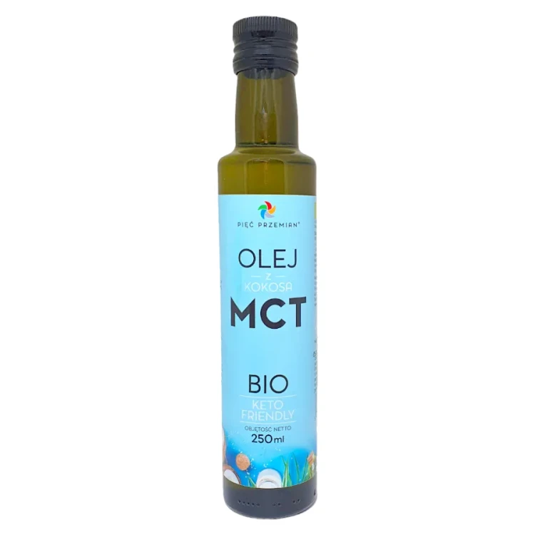 Olej MCT z kokosa w szklanej butelce - BIO - Pięć Przemian, 250ml - przód